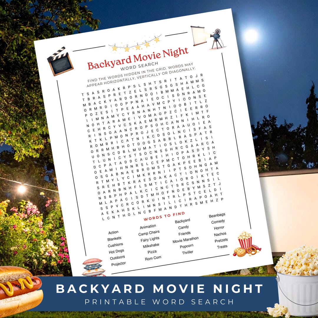 Backyard Movie Night Game Printable, Outdoor Movie Night Word Search ...