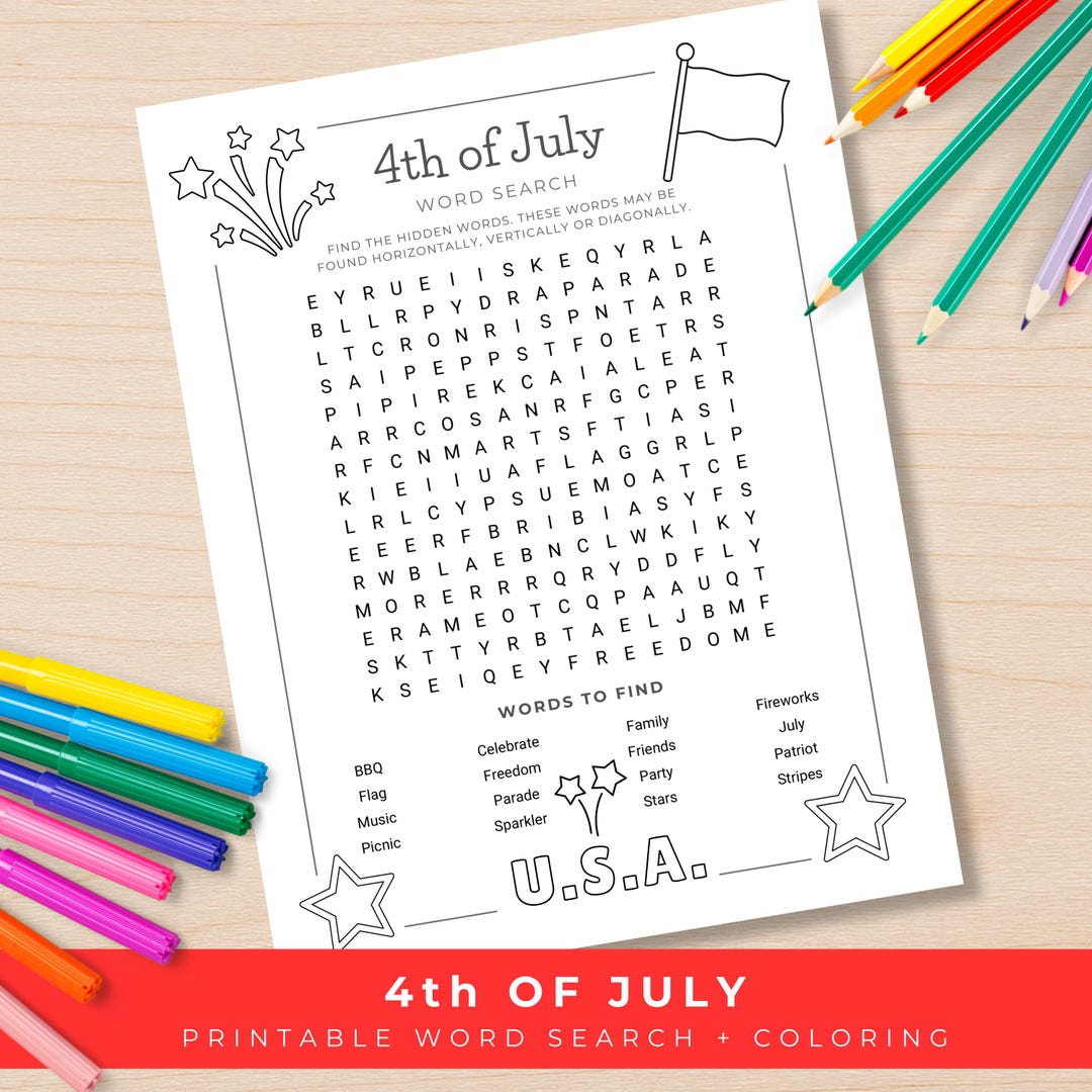 4th of July Word Search for Kids, Printable Coloring Activity Sheet