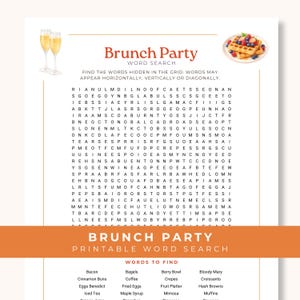 May include: A Brunch Party word search game sheet featuring a grid of letters, the title Brunch Party, instructions, and a list of words to find. The page includes illustrations of two glasses of orange juice and a plate of waffles with berries.