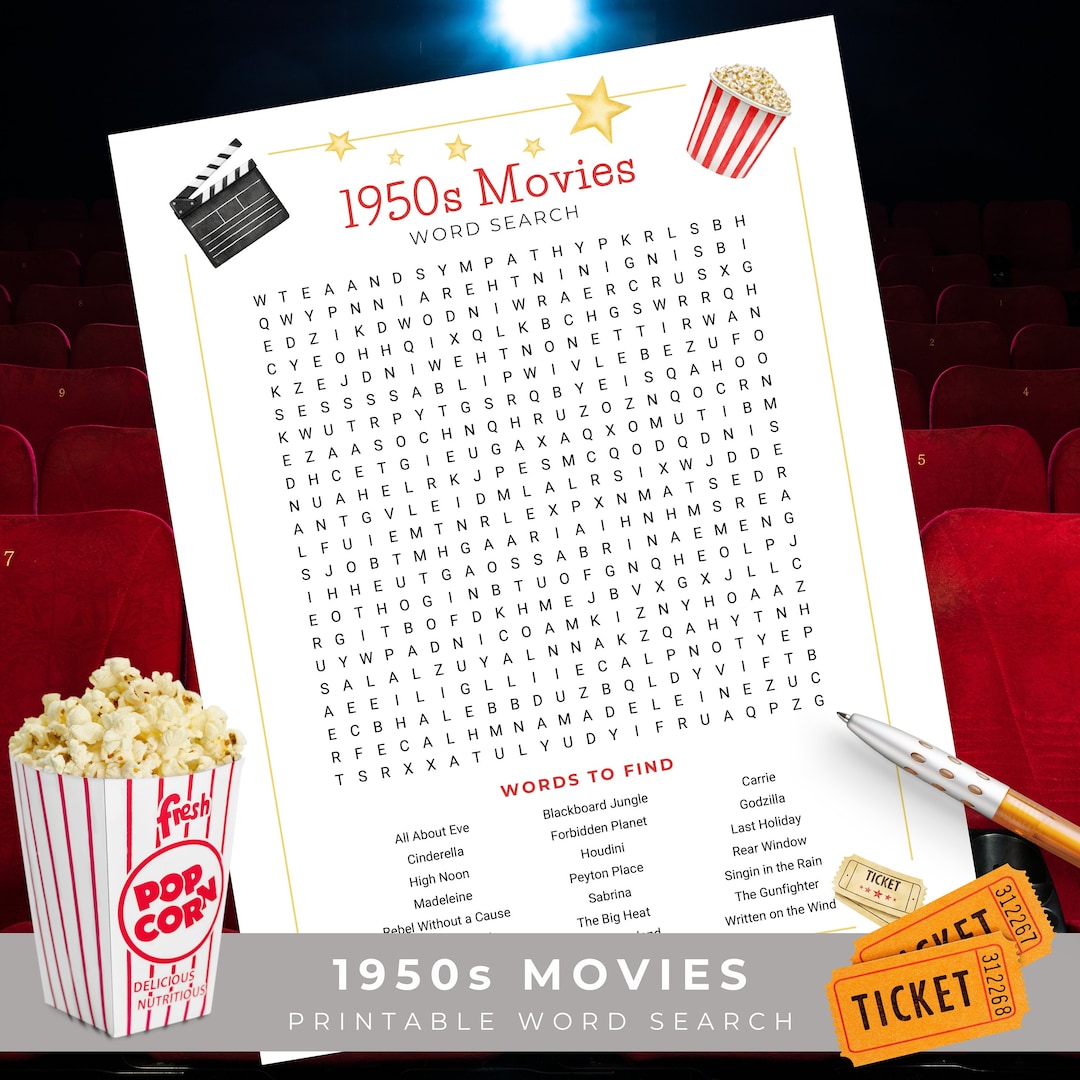 1950s Movies Word Search, Word Games for Adults, Senior Word Search ...