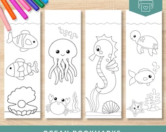 Ocean Coloring Bookmarks Printable, Cute Sea Animals Bookmarks for Kids, Under the Sea Coloring Craft, Party Favors, Instant Download PDF