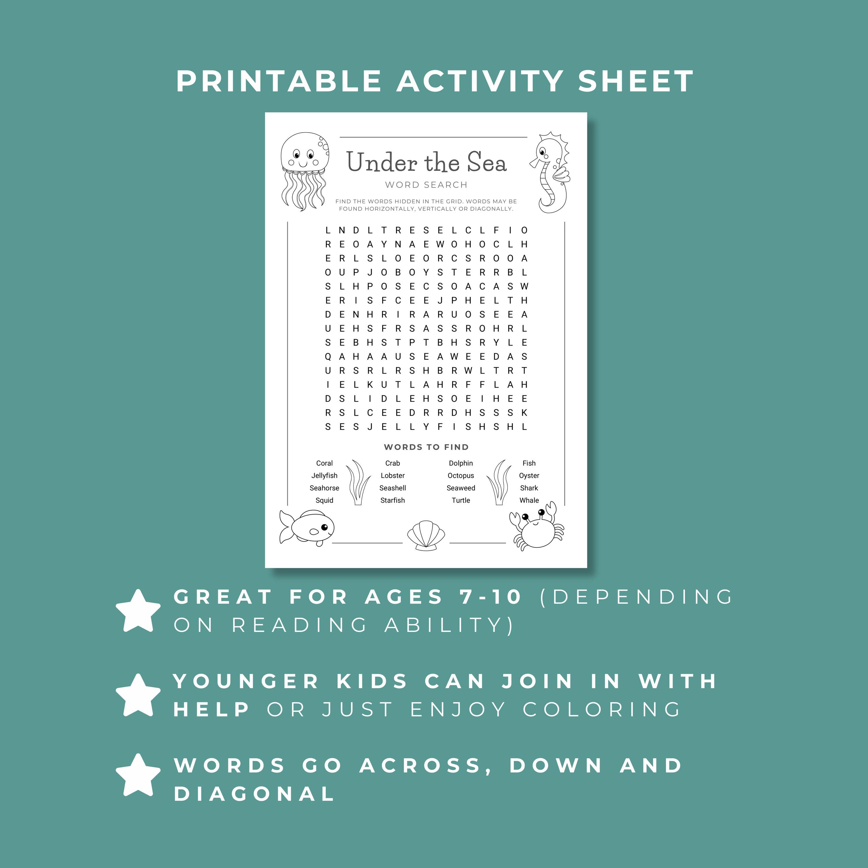 Printable Under the Sea Word Search for Kids, Ocean Party Coloring Page ...