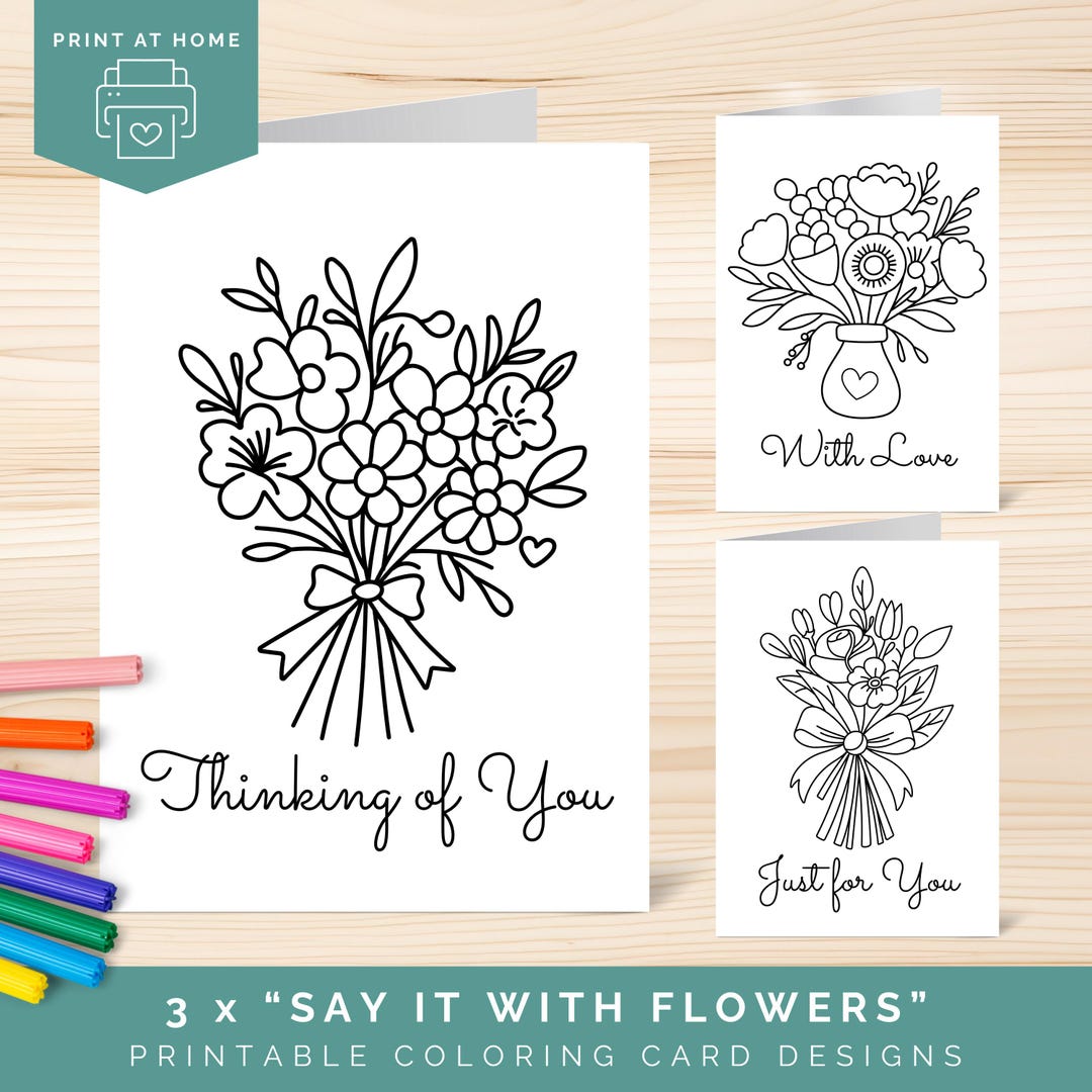 Thinking of You Coloring Cards Bundle, Printable Floral Cards to Color ...