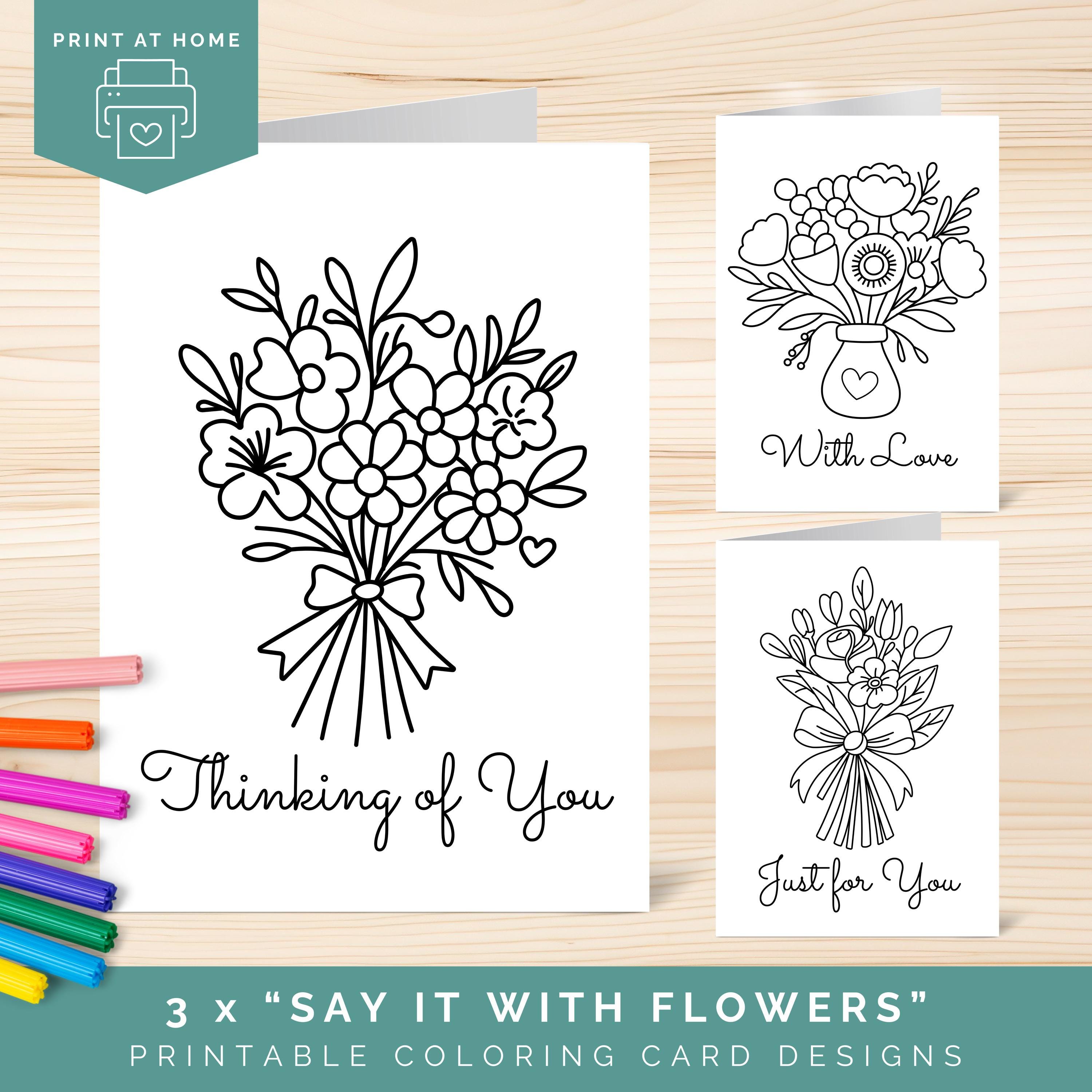 Thinking of You Coloring Cards Bundle, Printable Floral Cards to Color ...