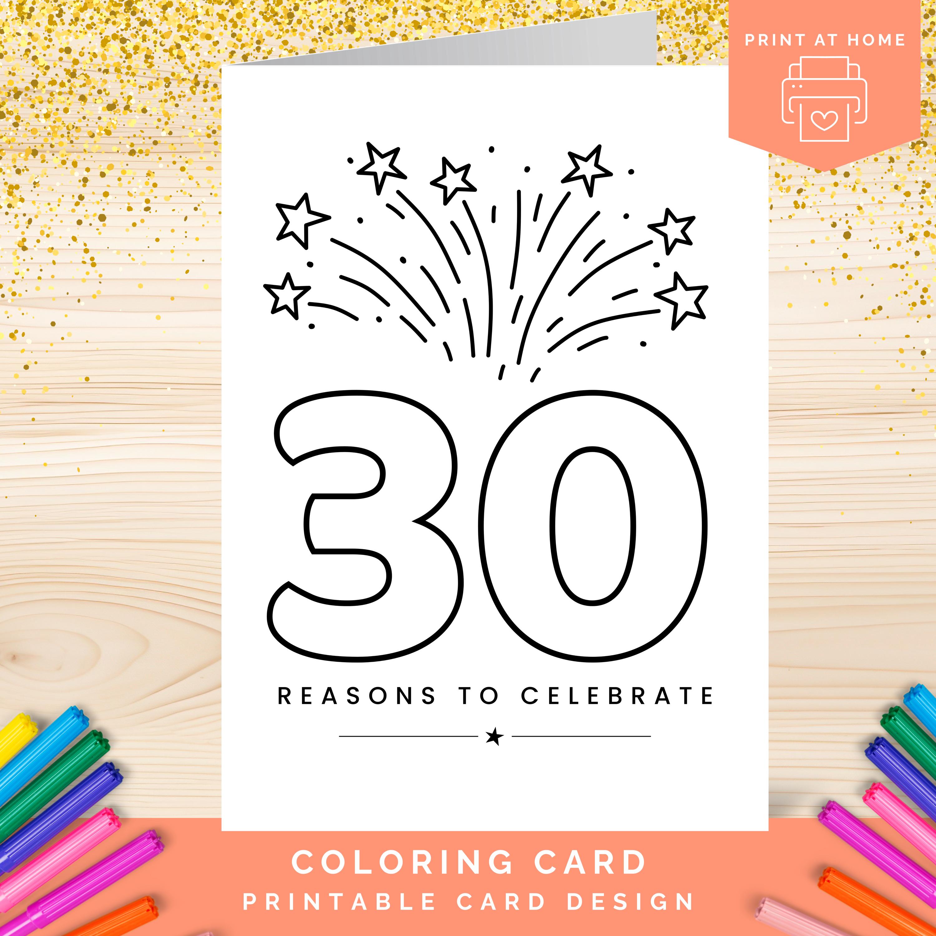 30th Colouring 30th Birthday Card to Color, 30th Wedding Anniversary Coloring Card ...