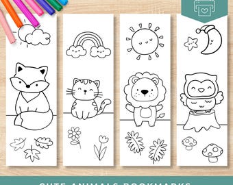 Cute Animal Coloring Bookmarks Printable, Kids’ Coloring Bookmarks, Animals Craft Activity, Printable PDF Reading Accessories for Kids