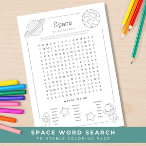 May include: A black and white printable space-themed word search puzzle. The page includes a word grid, illustrations of planets, a rocket, and an astronaut. The text reads "Space Word Search Printable Coloring Page."