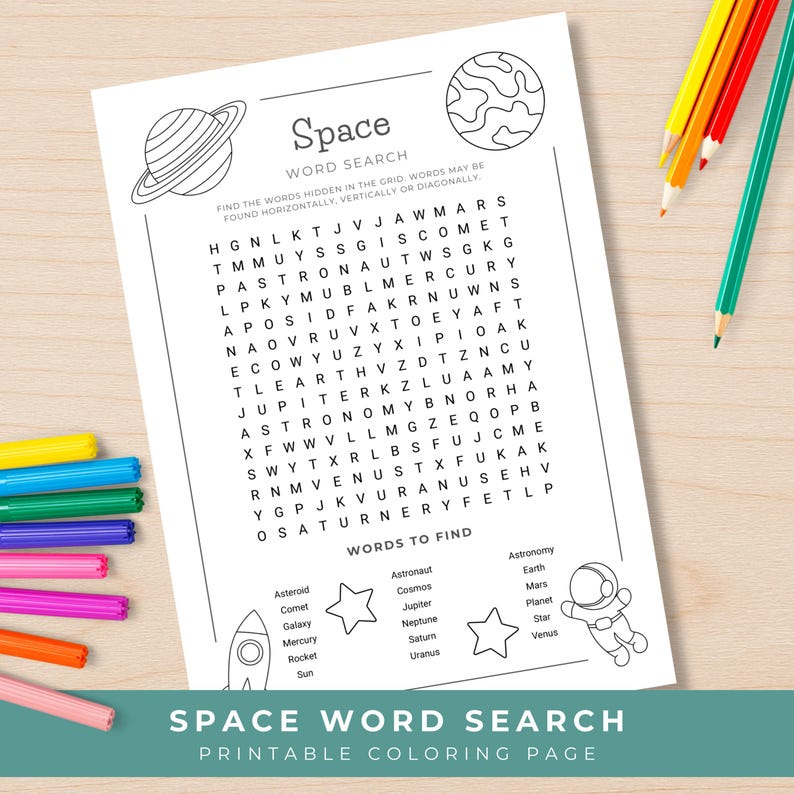 May include: A black and white printable space-themed word search puzzle. The page includes a word grid, illustrations of planets, a rocket, and an astronaut. The text reads "Space Word Search Printable Coloring Page."