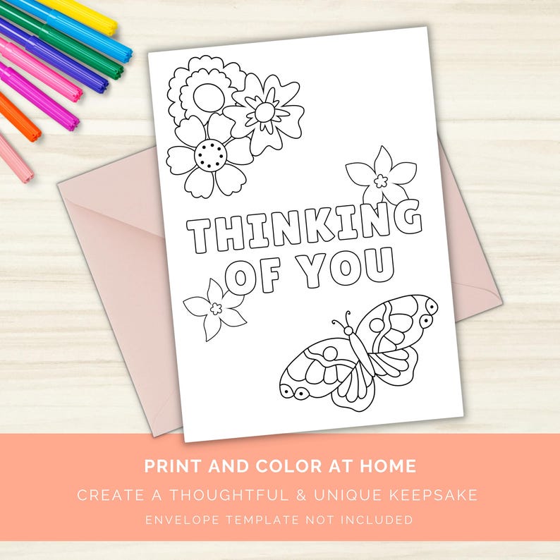 Thinking of You Coloring Card, Butterfly & Flowers Design, Sympathy ...