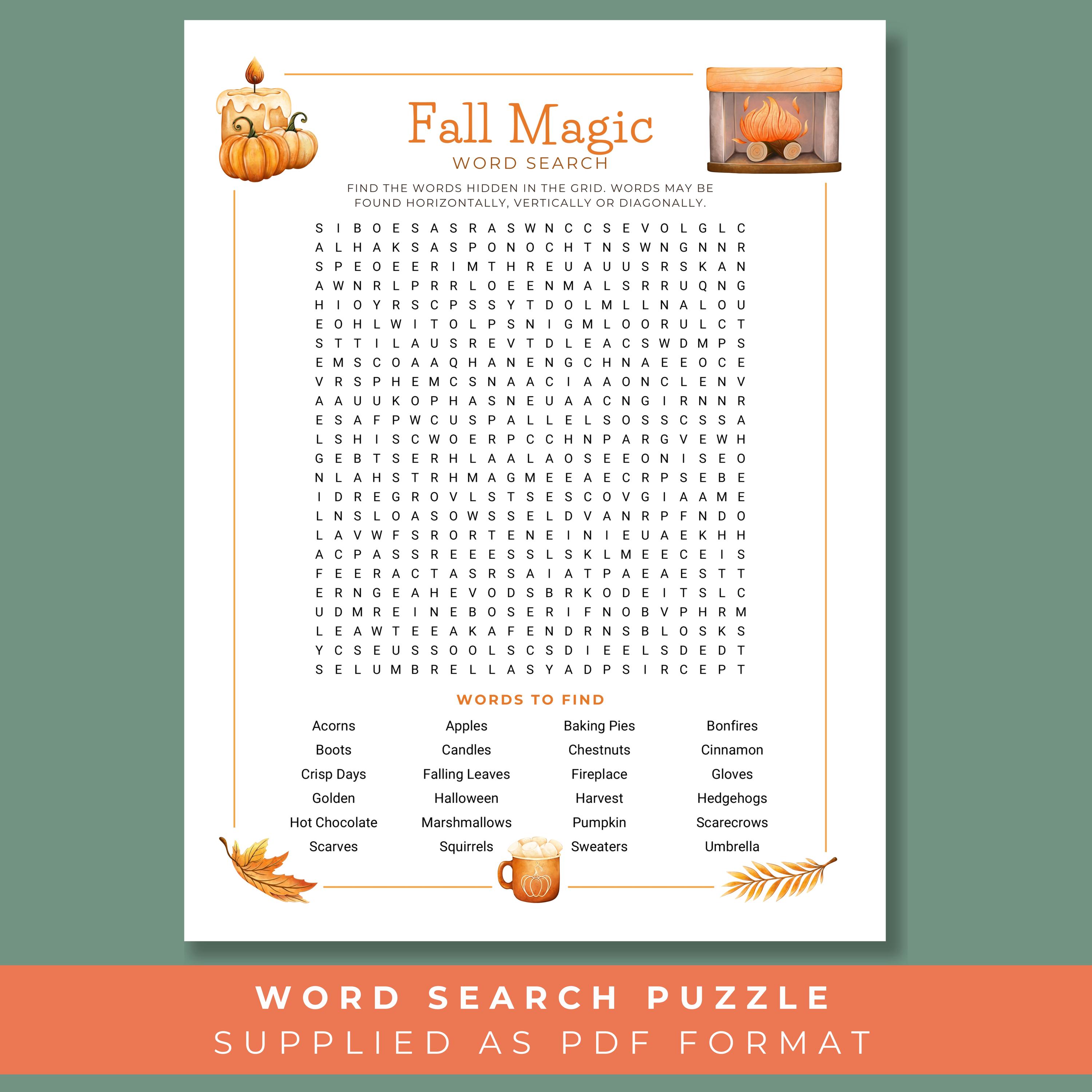 Fall Word Search, Printable Autumn Puzzle, Cozy Fall Activity for