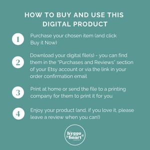 May include: A teal graphic with white text that reads "HOW TO BUY AND USE THIS DIGITAL PRODUCT." The graphic includes numbered steps for purchasing and using a digital product, with the logo of "hygge heart company."