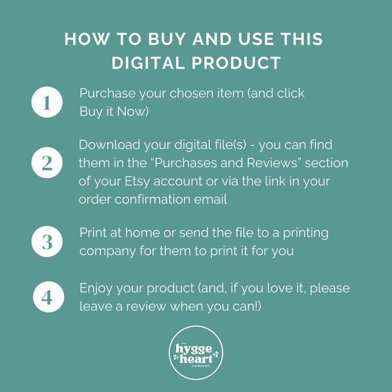 May include: A teal graphic with white text that reads "HOW TO BUY AND USE THIS DIGITAL PRODUCT." The graphic includes numbered steps for purchasing and using a digital product, with the logo of "hygge heart company."