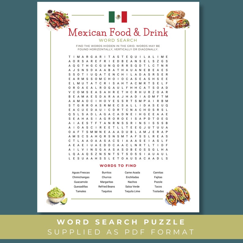 Mexican Food Word Search Printable Word Puzzle Game Mexican Theme Mexican Food Word Search Printable Word Puzzle Game Mexican Theme