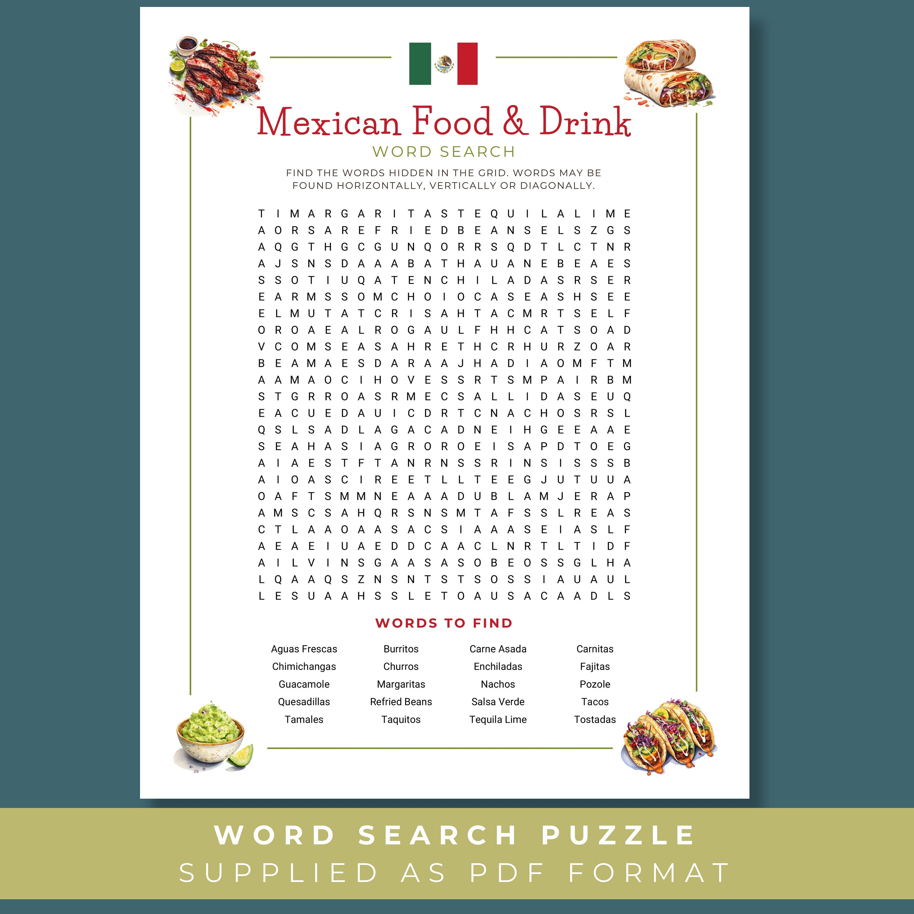 Sopa de letras de comida mexicana imprimible, juego para una noche de ...