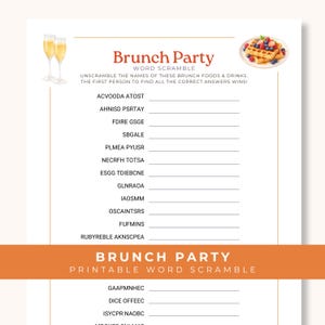 May include: A white Brunch Party word scramble game sheet featuring orange text, two champagne flutes, and a plate of waffles with berries. The page lists scrambled brunch food and drink terms with blank lines for writing answers, framed by thin gold lines.
