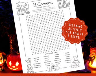 Halloween Party Activity, Halloween Coloring Page and Word Search for Adults, Spooky Season Printable, Halloween Puzzle Game