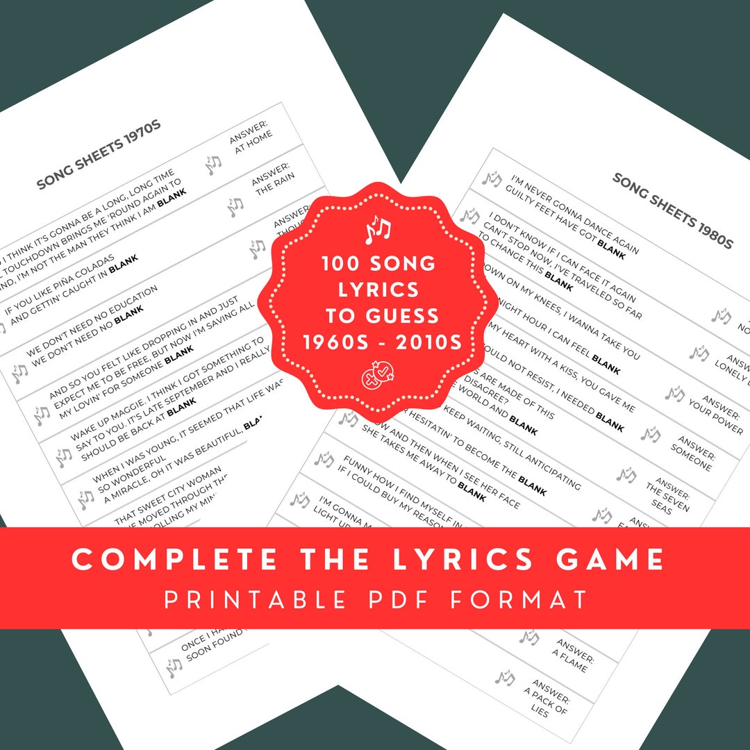 Complete the Lyrics Game, Printable Party Game, Music Quiz, Pop Music