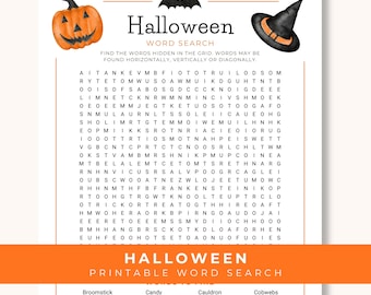 Op de afbeelding: Een Halloween woordzoeker-puzzelblad met een oranje pompoen, een zwarte vleermuis en een zwarte heksenhoed bovenaan. De pagina bevat een letterraster, instructies en een lijst met woorden die gevonden moeten worden, zoals Broomstick en Candy.