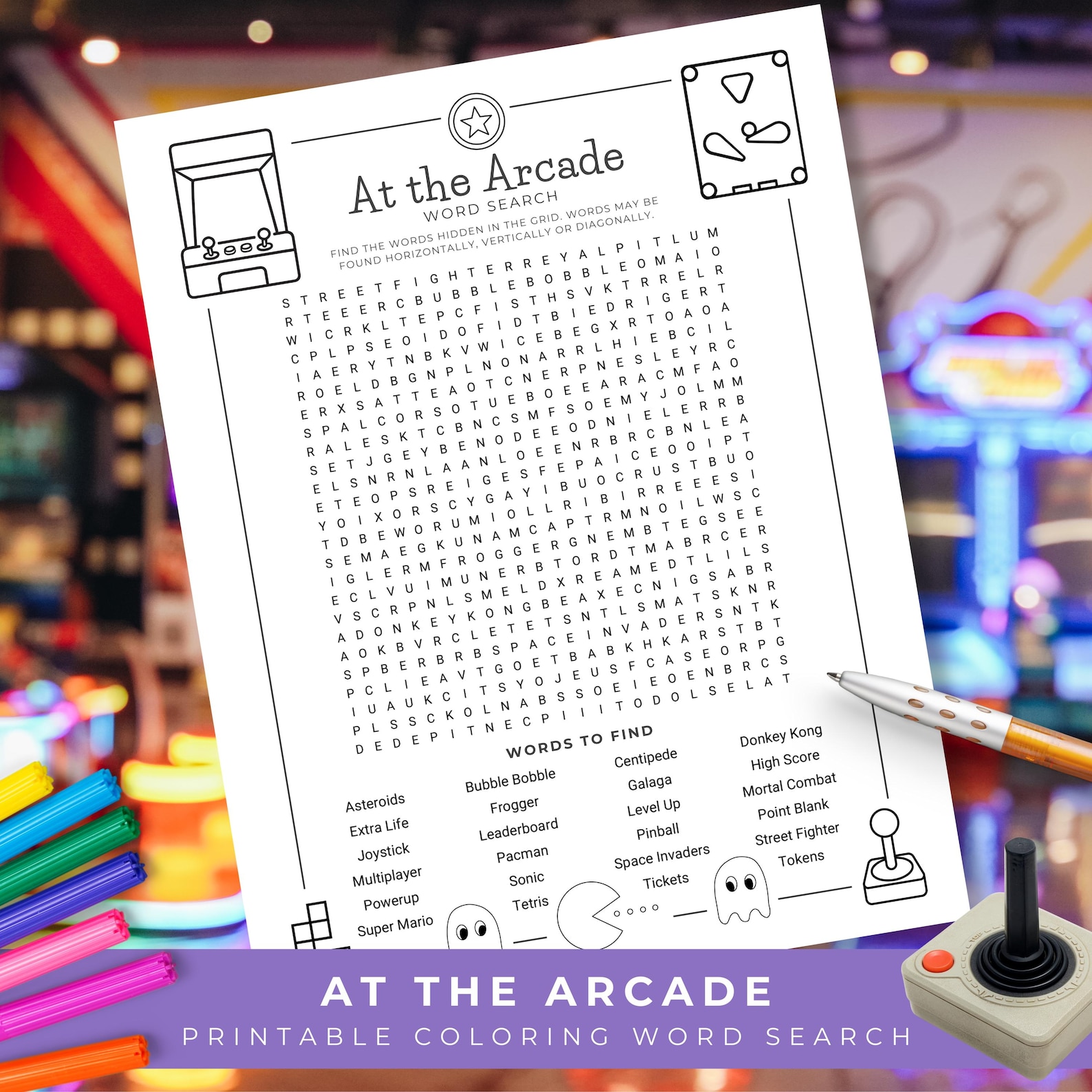 Printable Arcade Word Search, Retro Video Games Coloring Puzzle, 80s ...