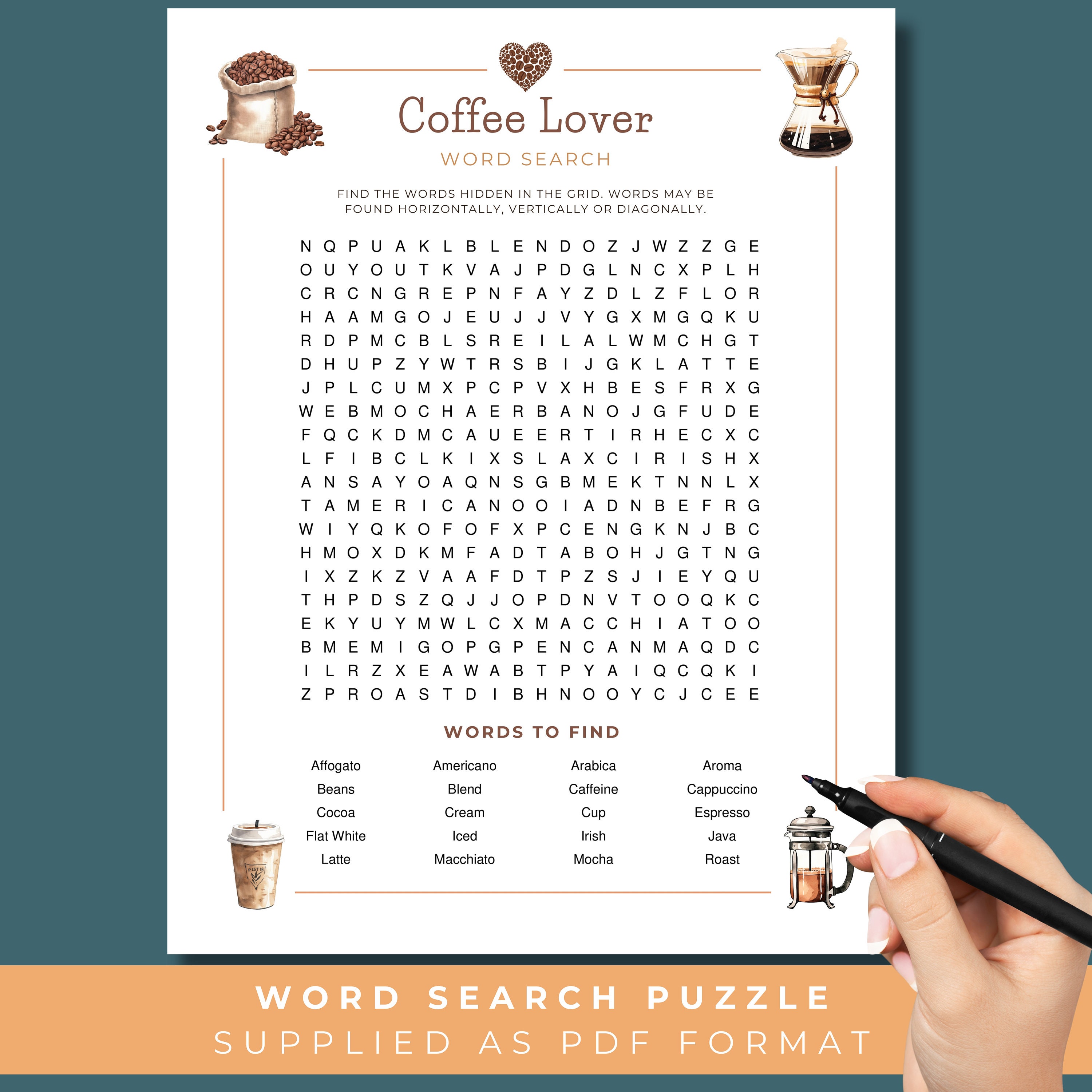 Coffee Word Search, Coffee Lover Printable Game, Adult Word Search ...