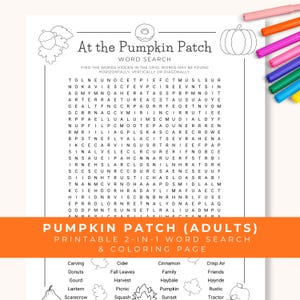 Peut inclure: Une grille de mots mêlés At the Pumpkin Patch imprimable sur papier blanc avec du texte noir et des illustrations au trait d'un gland, d'un beignet et d'une citrouille. Des marqueurs colorés sont placés sur le bord supérieur droit.