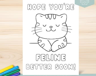 Get Well Soon Coloring Card, Cat Get Well Card, Printable Recovery Card, Feel Better Soon Card, Encouragement Card for Cat Lovers