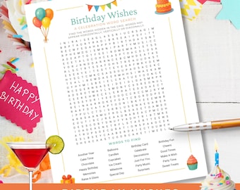 Printable Birthday Word Search for Adults & Teens, Birthday Party Game, Activity for Home or Office Parties