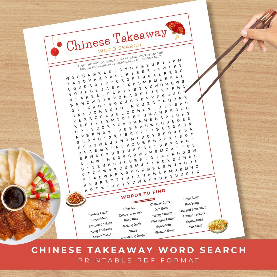 Chinese Takeaway Word Search, Word Search for Adults, Chinese Food Puzzle, Dinner Party Games