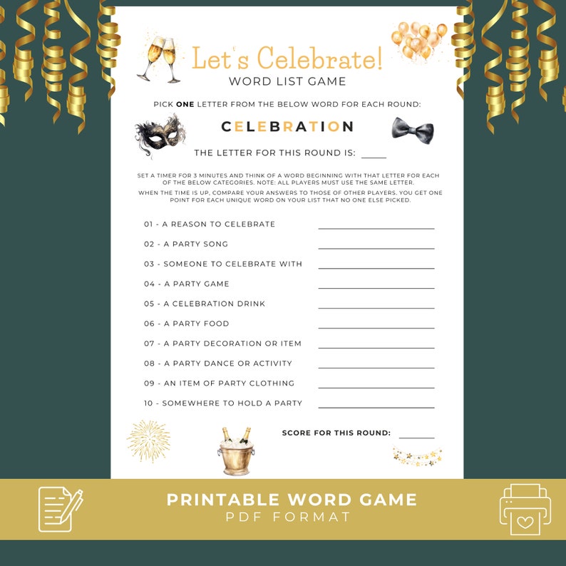 Printable Party Games, Word List Game, Fun Word Game, Celebration ...