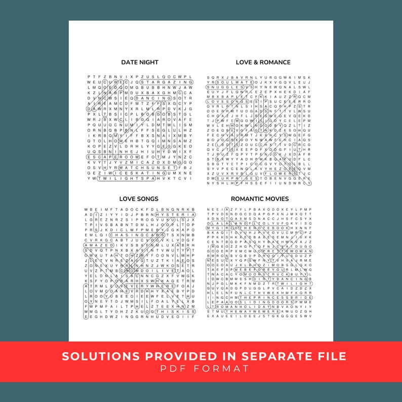 Love and Romance Word Search Bundle, Love Songs Word Search, Romcom ...