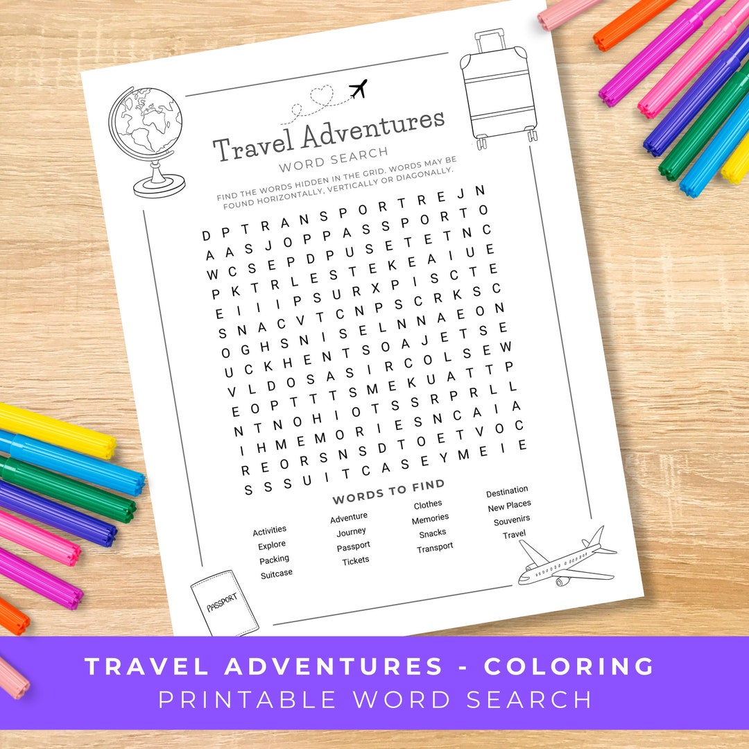 Travel Adventures Word Search for Kids, Printable Vacation Coloring ...