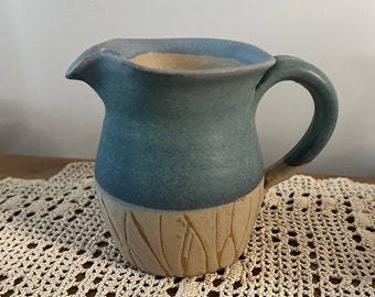 Studio Pottery Blue Beige Jug - Stoneware - Handmade - Flower Vase - Cottage Kitchen