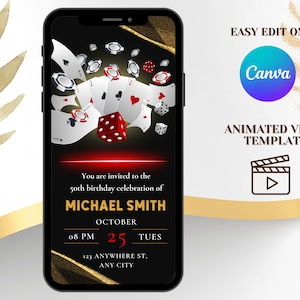 Invito di compleanno elettronico al casinò, festa di compleanno di poker. Invito alla serata al casinò. Festa di pensionamento del casinò. Asso che gioca a carte. Festa del poker.