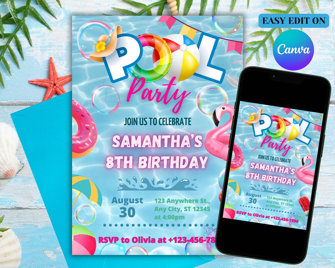 Ppc Invitation Editable Summer Pool Party Invitation. Pool Birthday Party Template ...