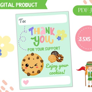 Mädchen Danke Cookie Card Tag PDF JPG Sofortiger digitaler Download. Versandscheinanhänger, Cookie Geschenkanhänger Größe 9,5 x 13 cm.
