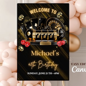 Panneau de bienvenue modifiable pour un anniversaire de casino. Anniversaire de poker. Panneau de bienvenue pour anniversaire adulte. Panneau de bienvenue pour une soirée casino. Jeu de cartes As.