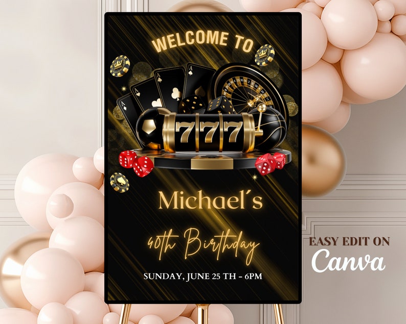 Welcome Rollete Editable Casino Birthday Welcome Sign. Poker Birthday. Adult Birthday ...