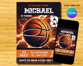 Verjaardagsuitnodiging thema basketbal, jongens verjaardagsuitnodiging, feestuitnodiging afdrukbare sjabloon, canvas 5 x 7