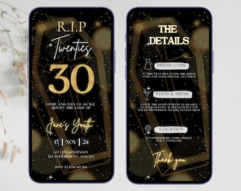 Invitación RIP 20s, invitación para fiesta de 30 años, invitación para fiesta RIP Twenties, invitación Death to my 20's, invitación para cumpleaños número 30, fiesta Death to Youth