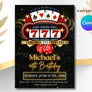 Bearbeitbare Casino-Geburtstagseinladung. Poker-Geburtstagsparty. Einladung zum Casino-Abend. Casino-Ruhestandsparty. Ass-Spielkarten. Pokerparty.