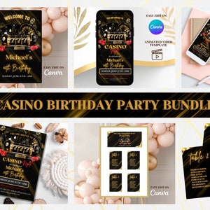 Casino-Geburtstagseinladungspaket, Poker-Geburtstagsparty-Paket. Einladung zum Casino-Abend. Casino-Ruhestandsparty. Ass-Spielkarten. Pokerparty.