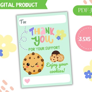 Girls Thank You Cookie Card Tag PDF JPG Instant Digital Download. Tag Delivery Note Enclosure, Cookie Gift Tags Size 3.5”x 5”.