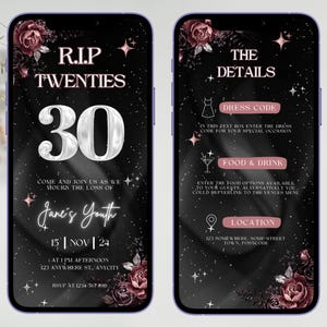 Invitation RIP des années 20, invitation à une fête des 30 ans, invitation à une fête des années 20 RIP, invitation de la mort à la vingtaine, invitation 30e anniversaire, fête de la mort à la jeunesse