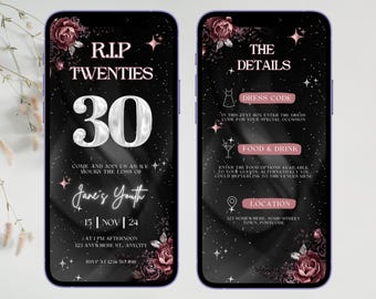 Invitación RIP 20s, invitación para fiesta de 30 años, invitación para fiesta RIP Twenties, invitación Death to my 20's, invitación para cumpleaños número 30, fiesta Death to Youth