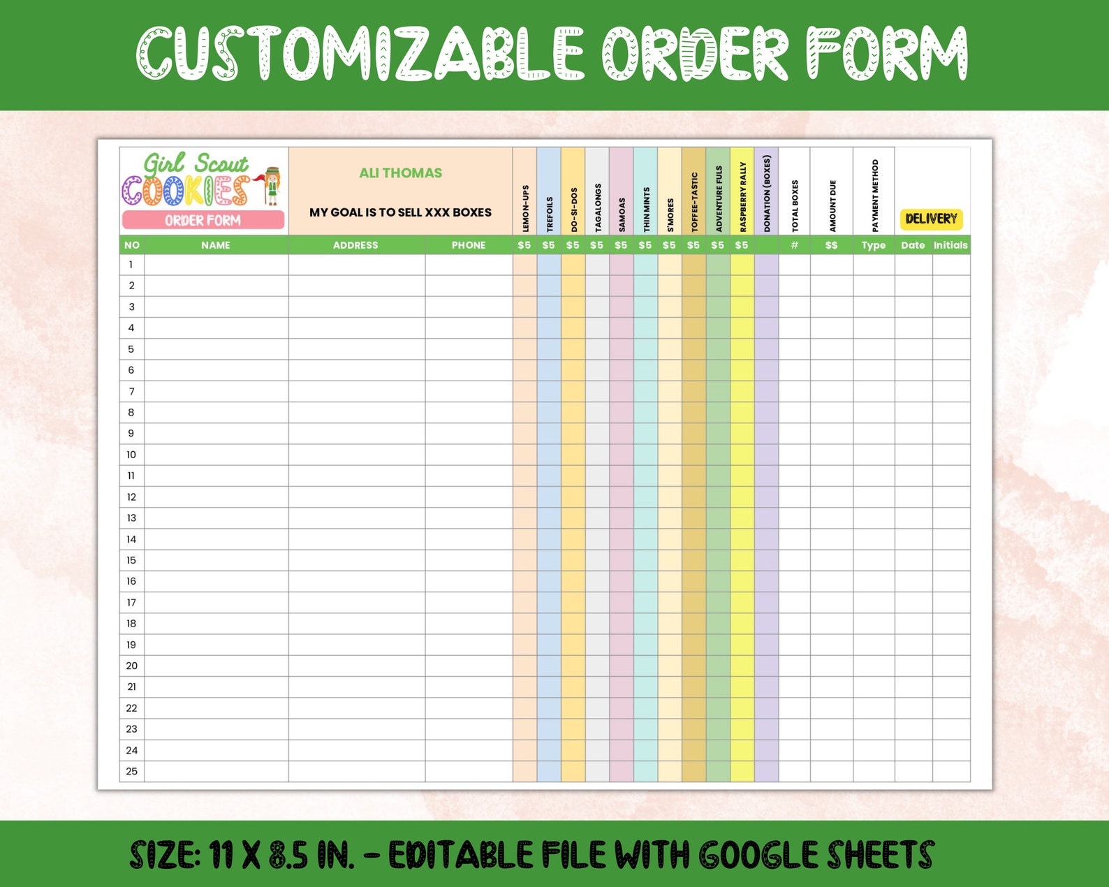 2024 Girl Scout Cookie Order Form Template, Editable With Google Sheets, LBB Version, Girl Scout