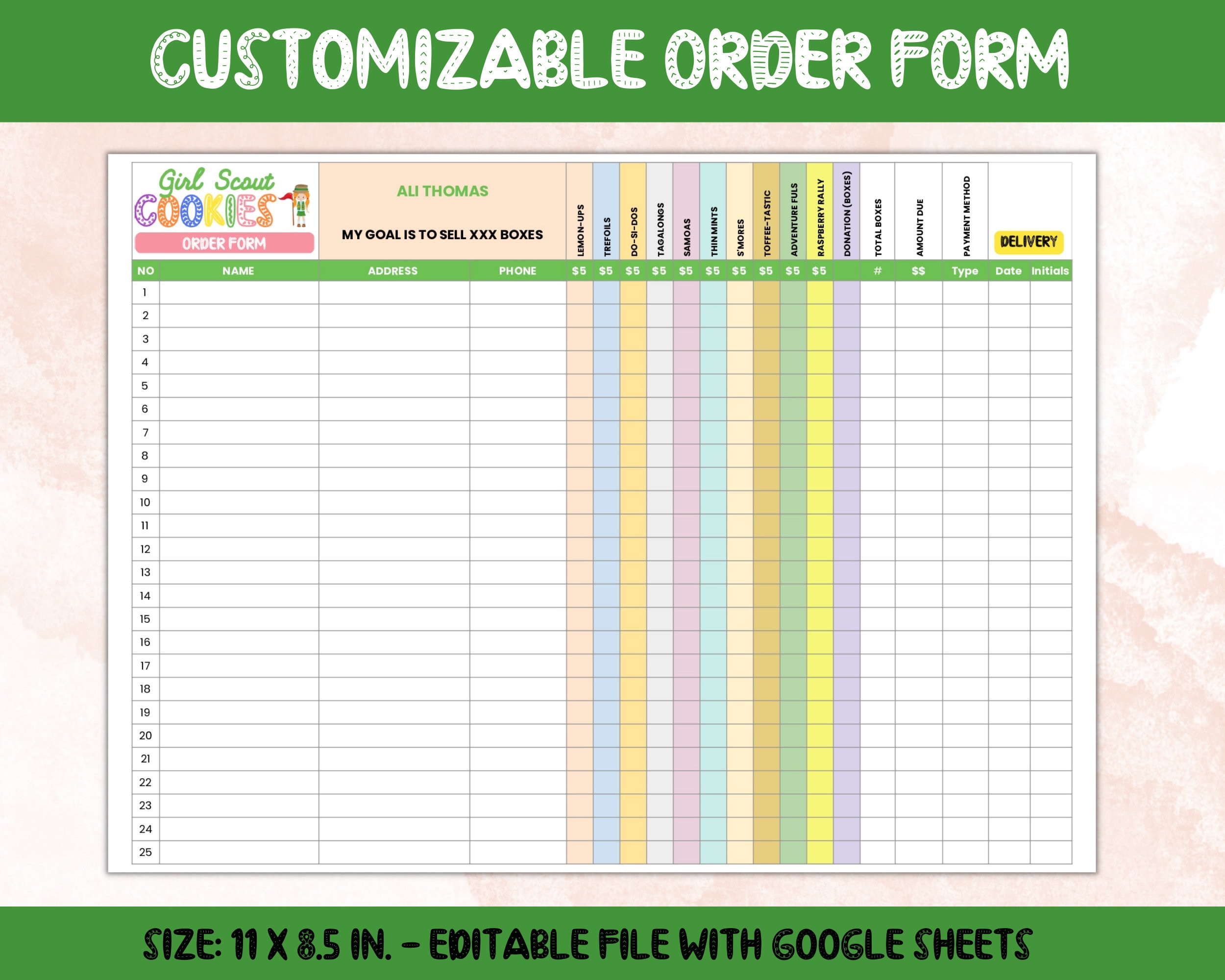 order form template, editable with google sheets, edit and print