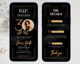 Invitación RIP 20s, invitación para fiesta de 30 años, invitación para fiesta RIP Twenties, invitación Death to my 20's, invitación para cumpleaños número 30, fiesta Death to Youth