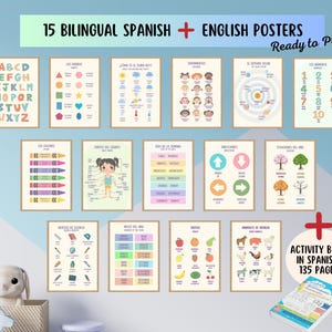 15 carteles educativos bilingües en español, aprende español, carteles para el aula en español, materiales imprimibles para la educación en el hogar + libro de actividades del abecedario en español