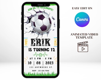 Modello di invito modificabile per cellulare a tema calcio / Inviti elettronici per feste di compleanno, inviti digitali per feste per bambini, download immediato Canva.