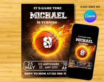 Basketbal thema verjaardagsuitnodiging, jongens verjaardagsuitnodiging, partij uitnodigen afdrukbare sjabloon, 5 x 7 bewerkbaar met Canva